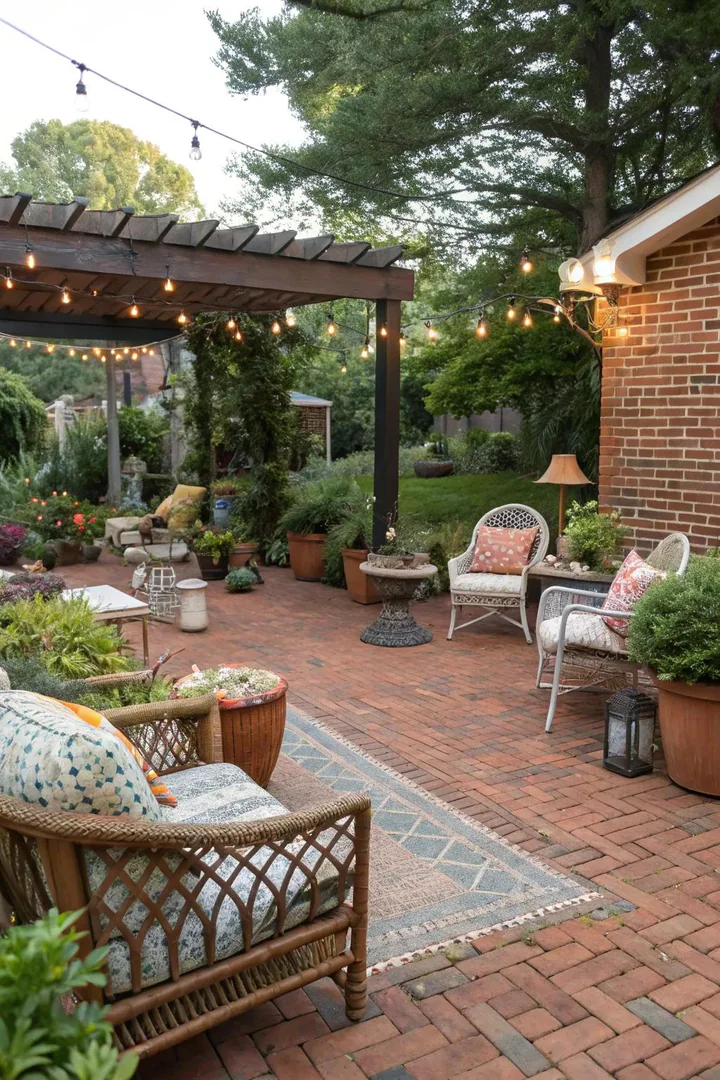 small patio mixing red brick, cobblestone, flagstone, and recycled glass aggregate in separate zones