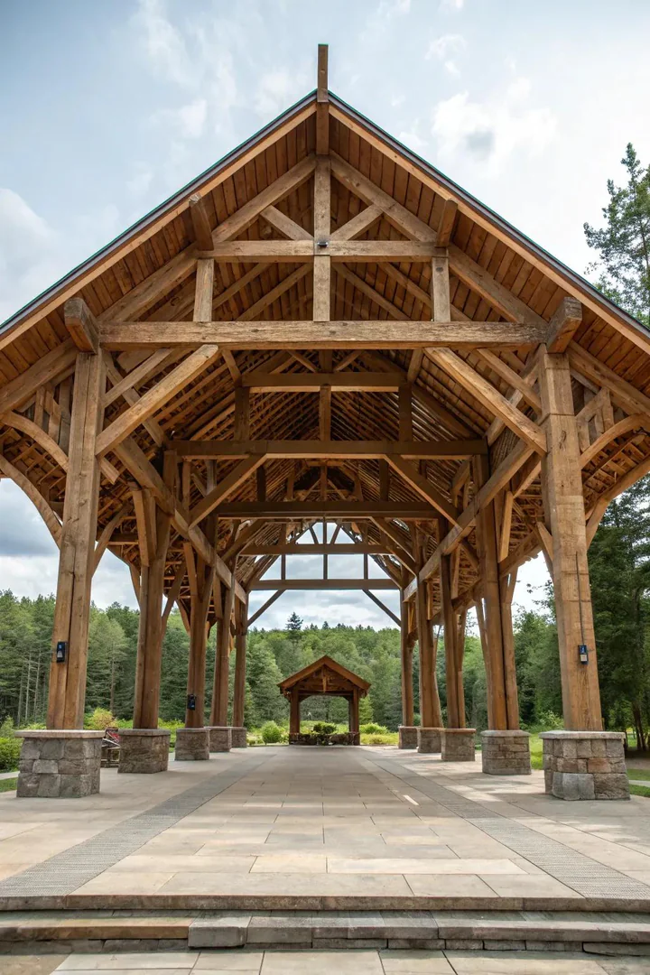 Heavy timber frame pavilion with exposed joinery and a steep gable roof