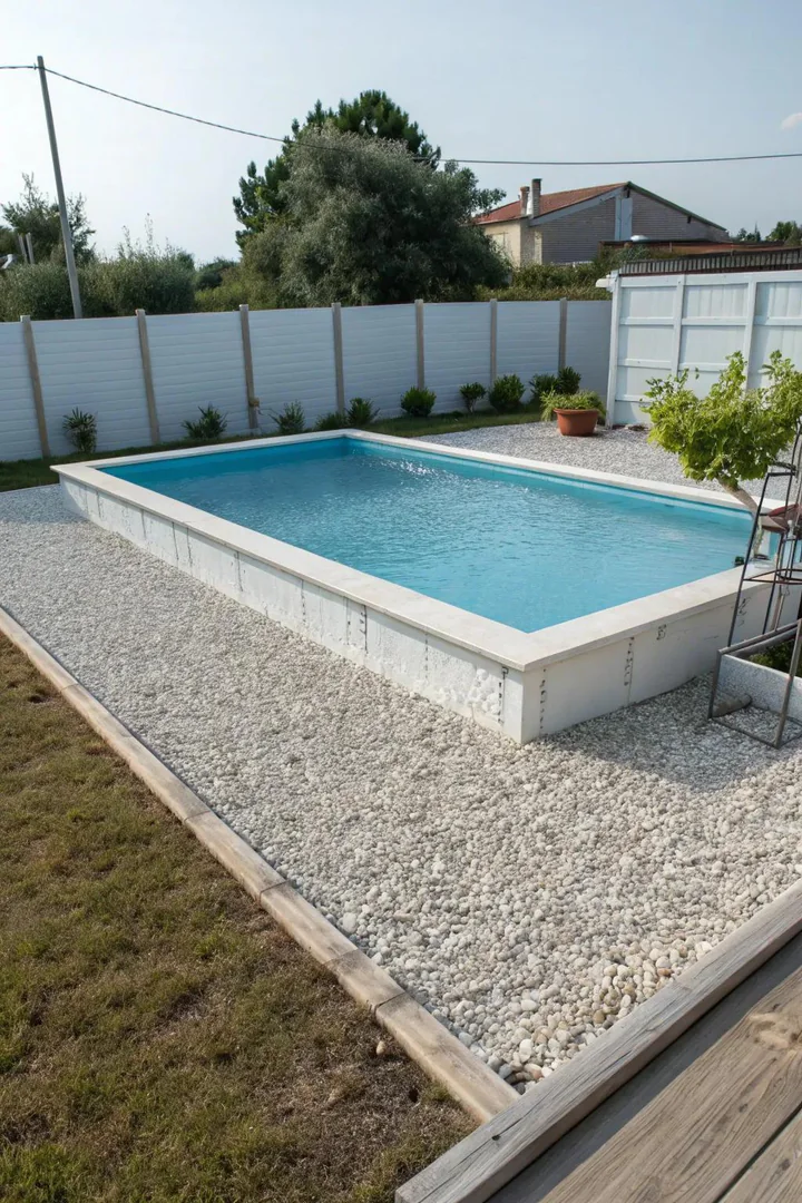 above-ground pool surrounded by a 4-foot-wide compacted gravel border with stepping stones
