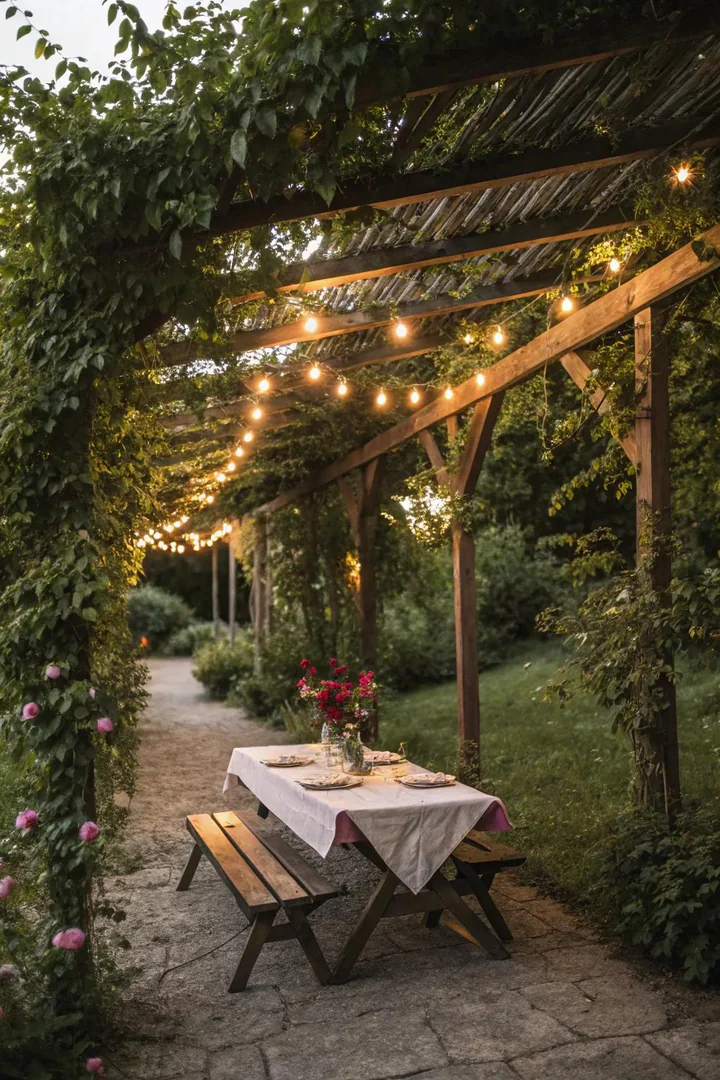 cedar picnic table positioned under a white painted wooden pergola with climbing jasmine vines