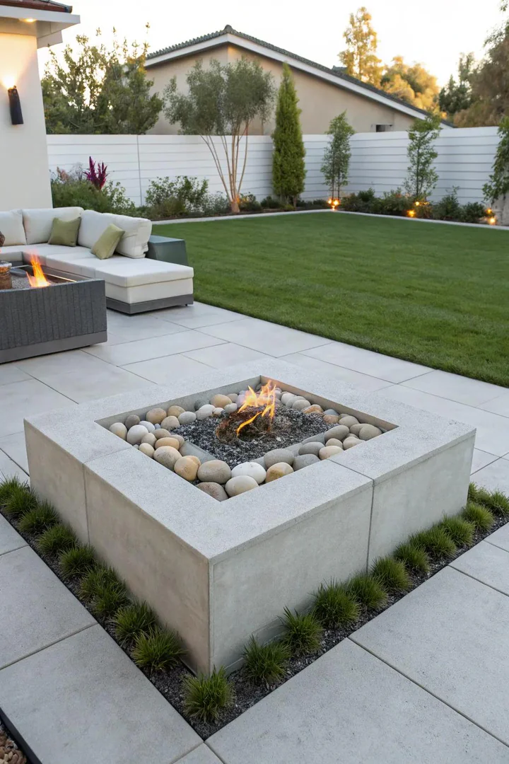 Square fire pit built from stacked concrete blocks on a gravel pad