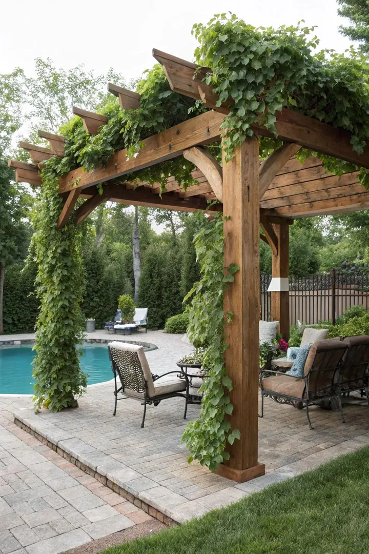 Pergola structure beside a pool with climbing vines and outdoor curtains creating a cabana effect