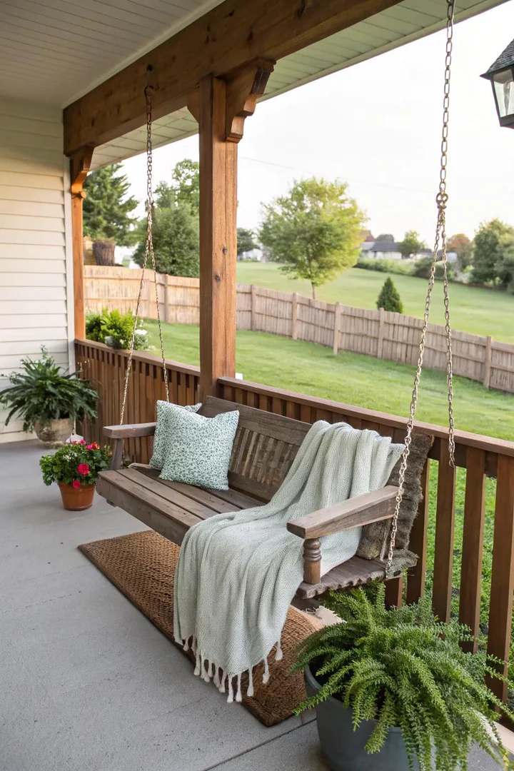 Wooden porch swing with cushions hanging from chains on a covered front porch