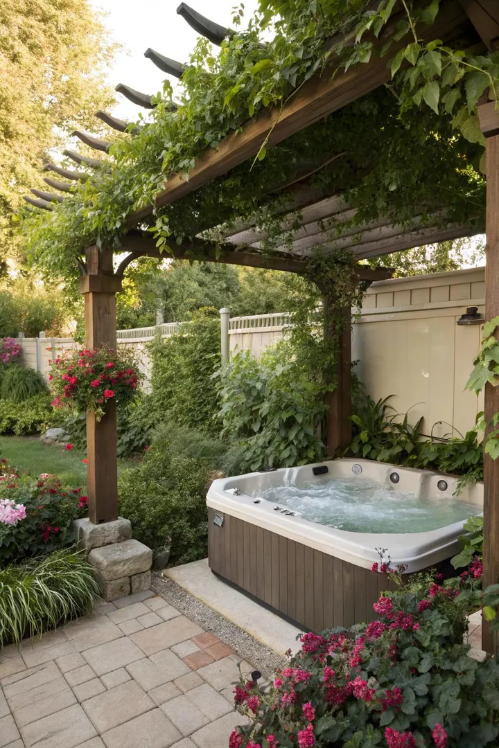 Cedar pergola providing shade over a hot tub and surrounding deck area