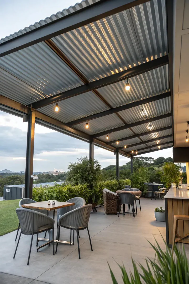 corrugated galvanized steel roof over a patio with exposed metal purlins
