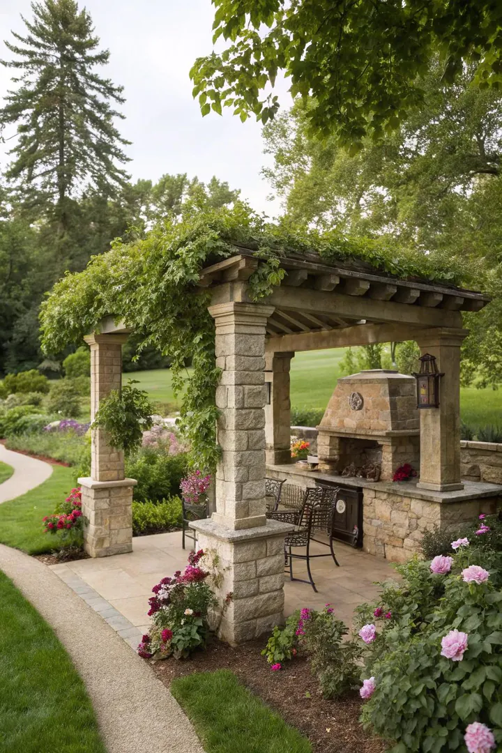 stone pillar BBQ shelter with a flagstone counter and arched metal roof
