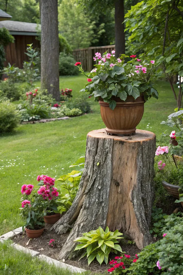 Cut tree stump used as a natural pedestal for potted plants