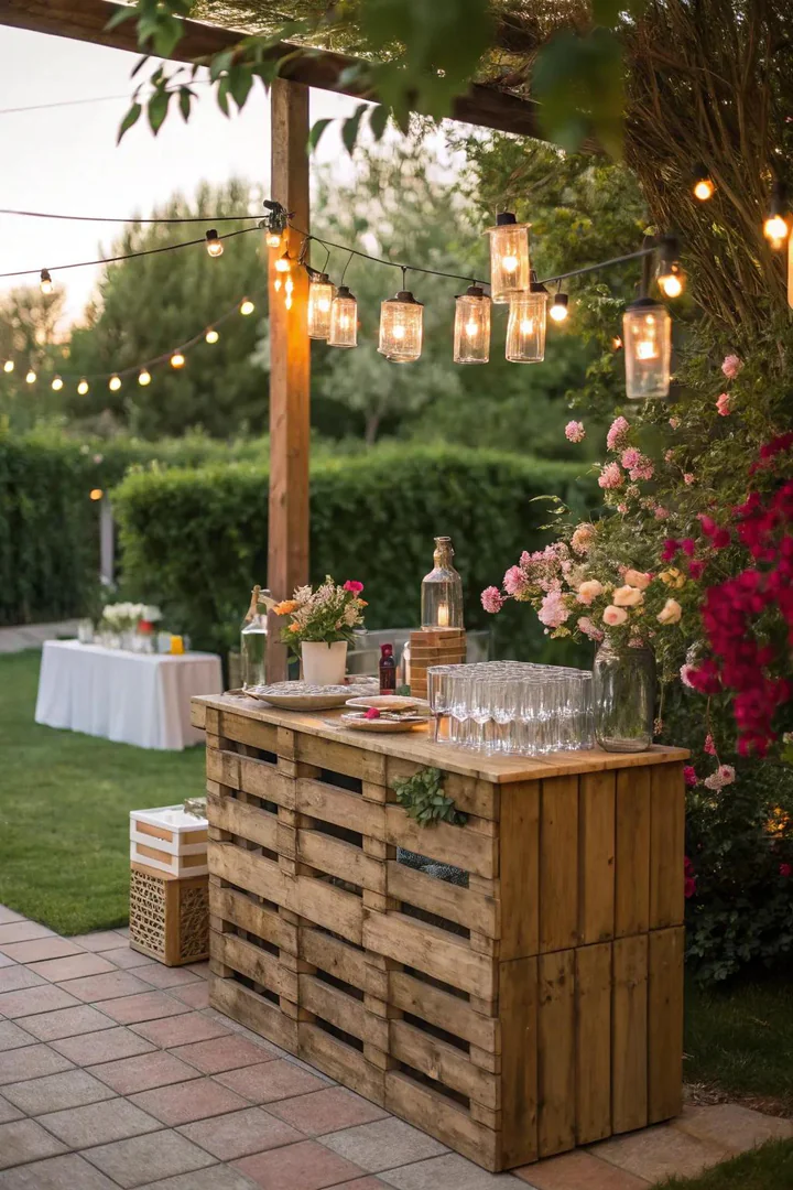 Outdoor bar built from upright pallets with a plywood bartop and bottle shelves