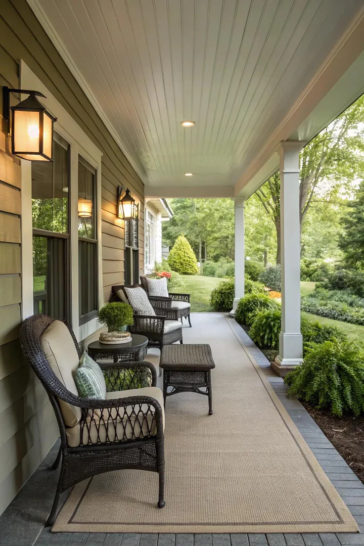 front porch with two matching rocking chairs flanking a center table in a balanced layout