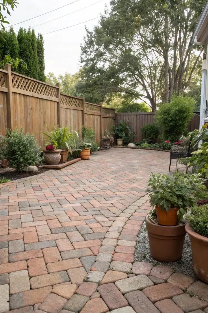 small patio made from reclaimed red and brown bricks laid in a running bond pattern