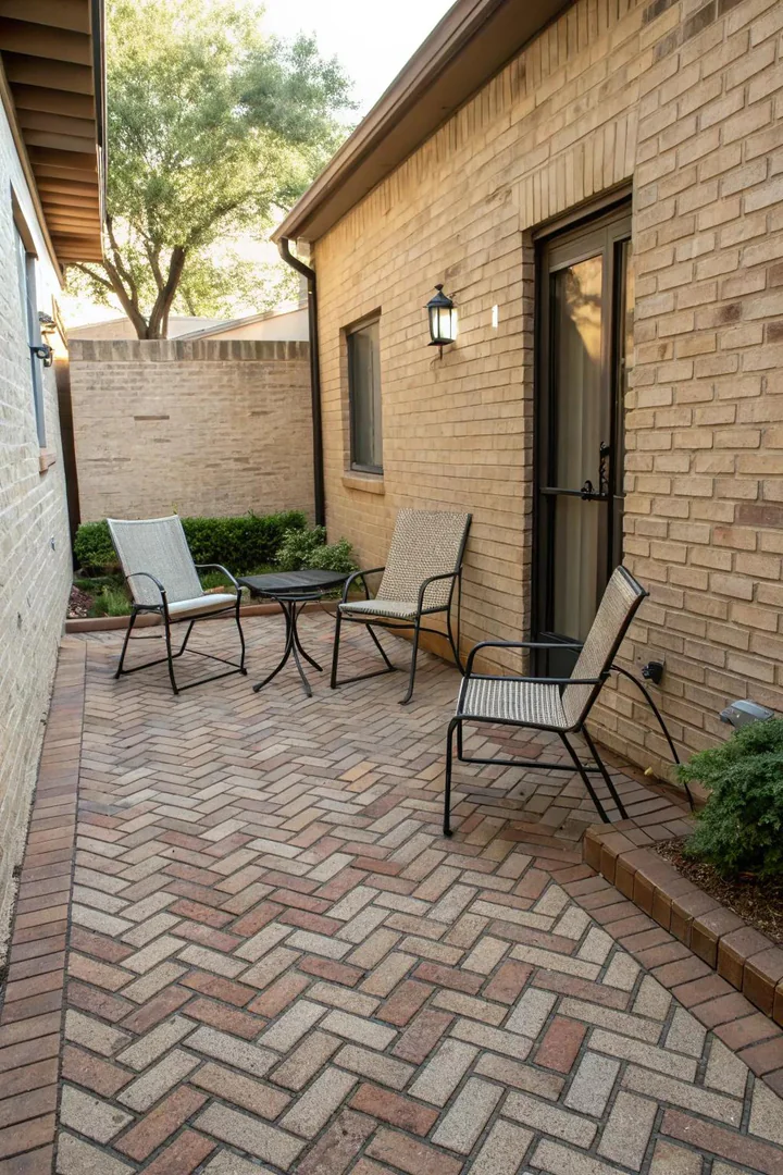 small brick patio with alternating horizontal and vertical pairs in a basketweave bond pattern