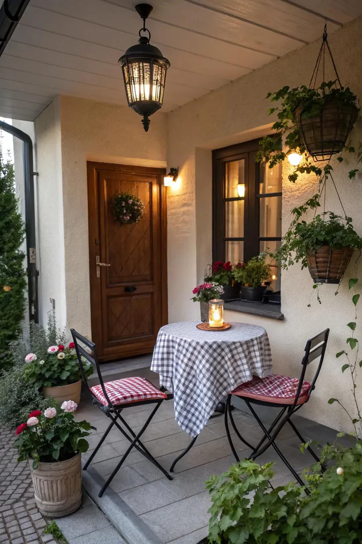 small front porch with two wicker chairs and potted plants creating an intimate seating area