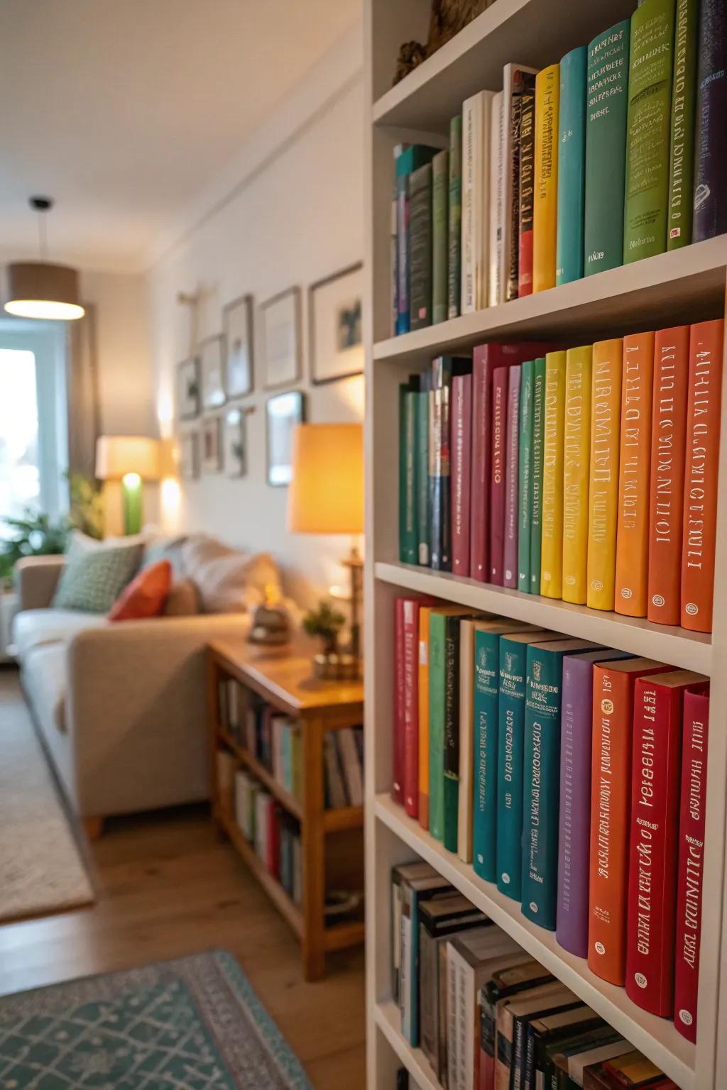 A colorful arrangement of books turns a bookshelf into an eye-catching art piece.