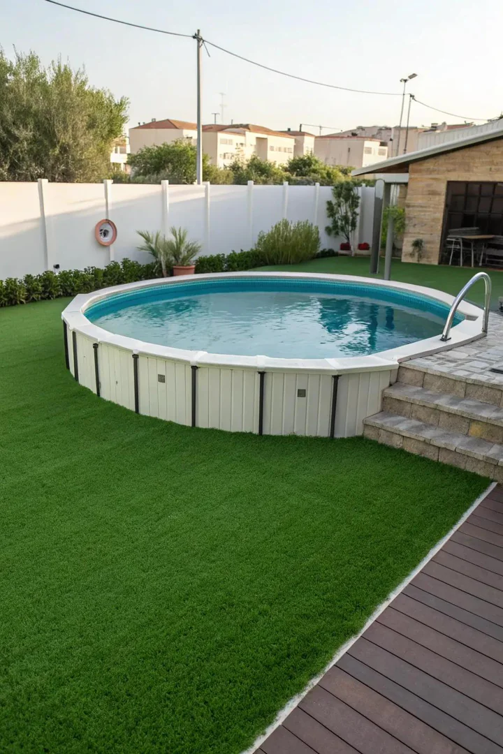 above-ground pool with artificial turf installed around the base creating a green lawn look