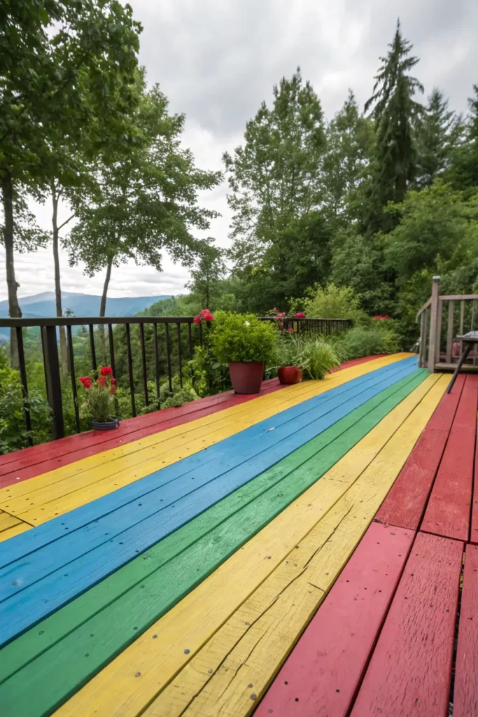 Brightly painted deck boards in bold blue and teal tones with outdoor furniture