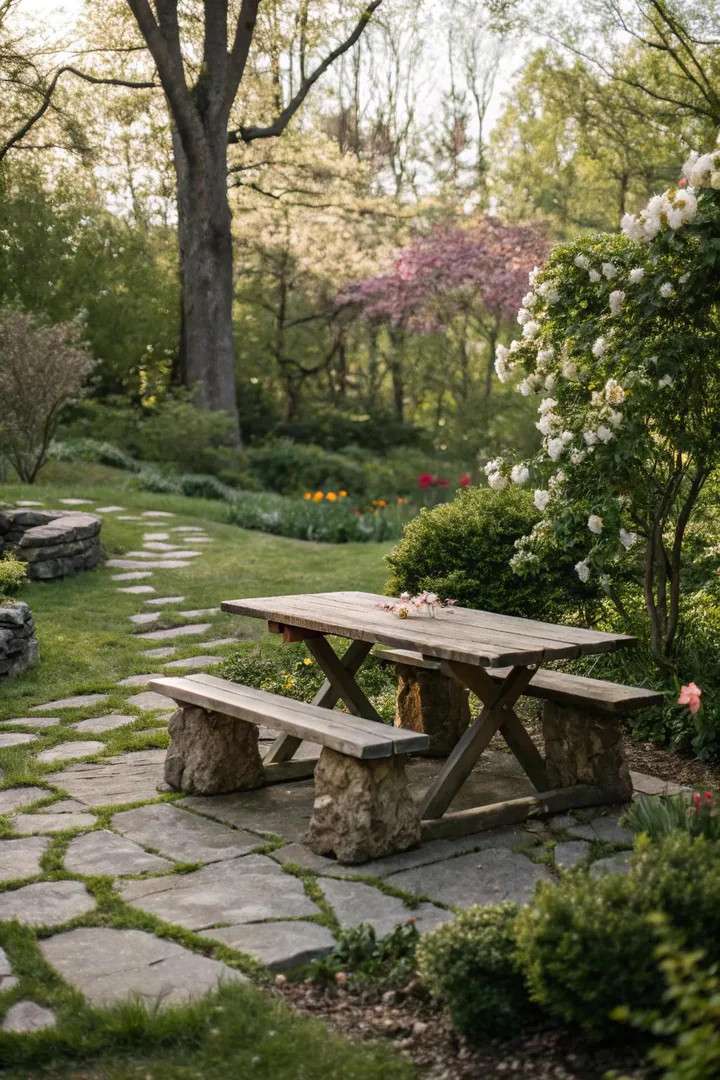 picnic table with thick stone slab legs and a redwood plank top in a garden setting