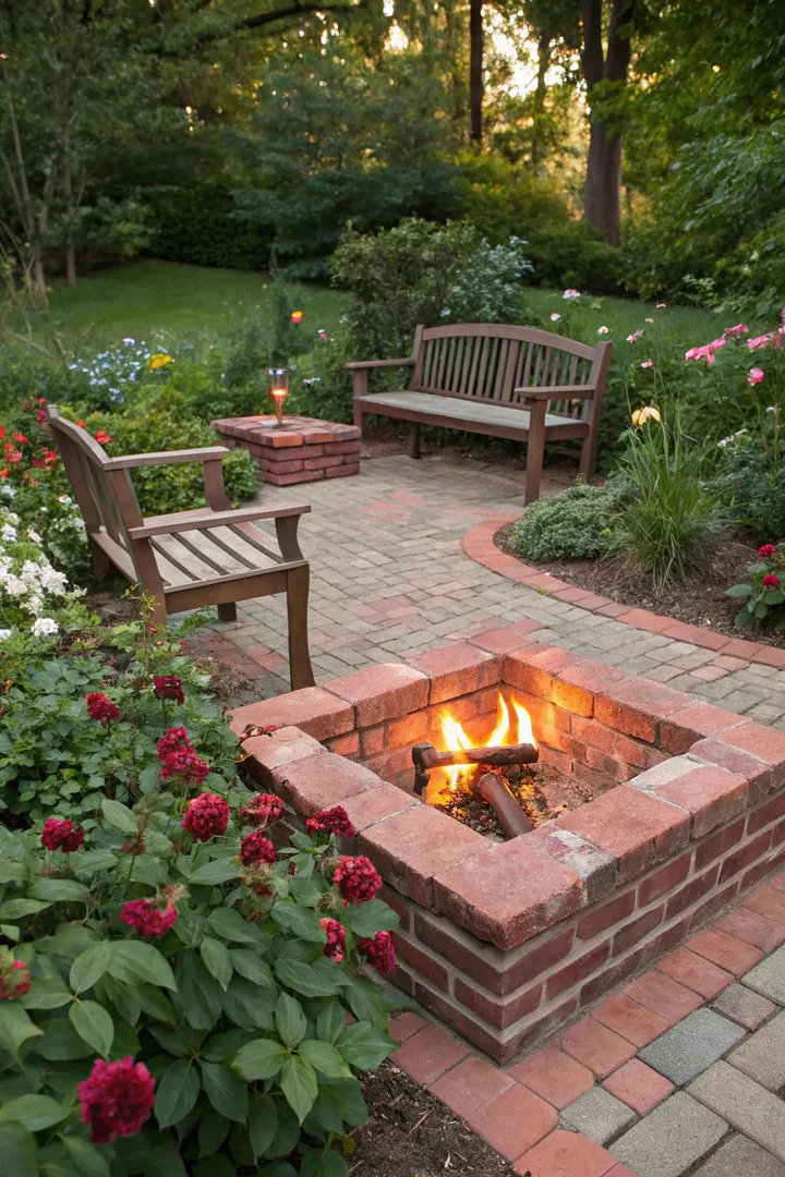 Sunken brick-lined fire pit set into the ground with a gravel border