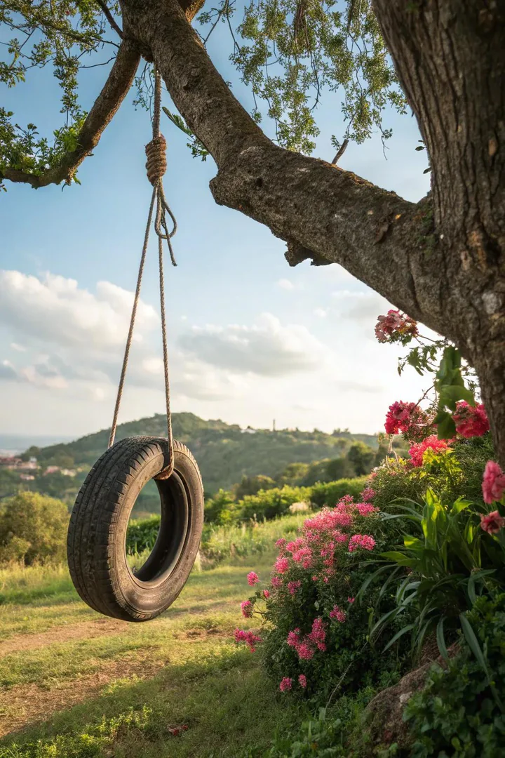 old car tire hanging horizontally from three chains on a wooden swing frame