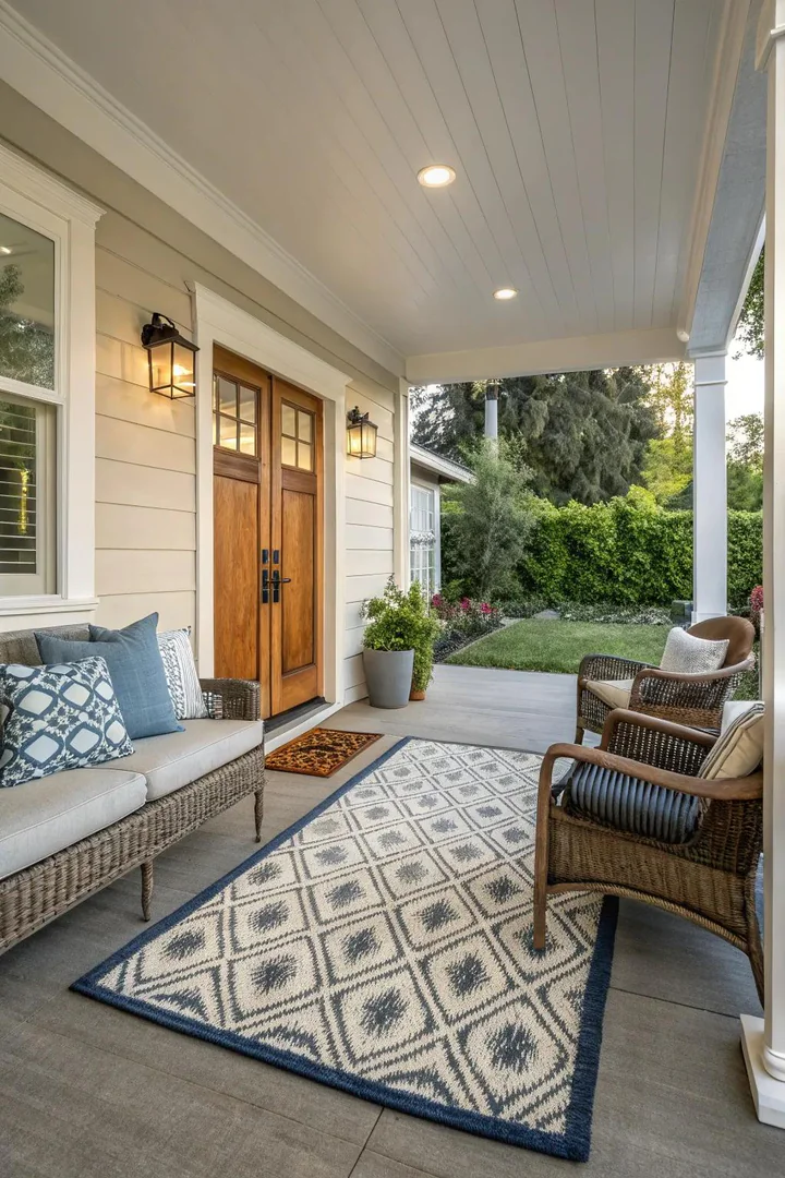 Patterned outdoor rug defining a seating area on a front porch floor
