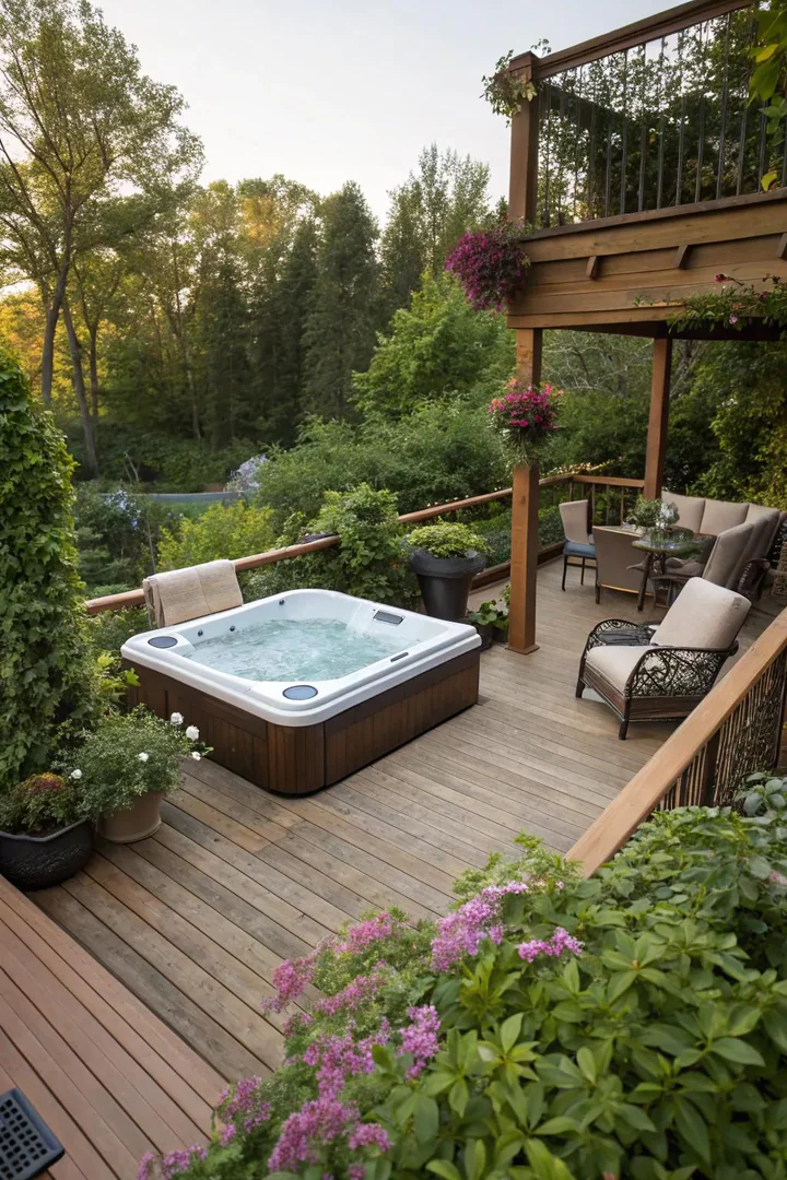 Extended composite deck surrounding a built-in hot tub at deck level