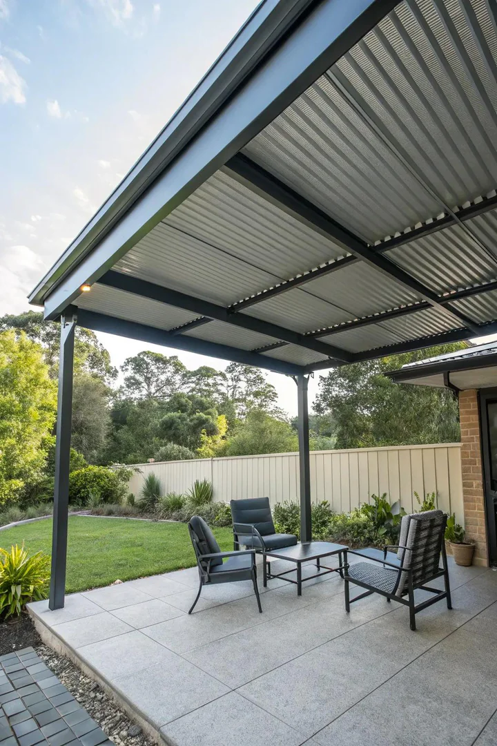 single-slope shed-style metal roof attached to house wall covering a patio