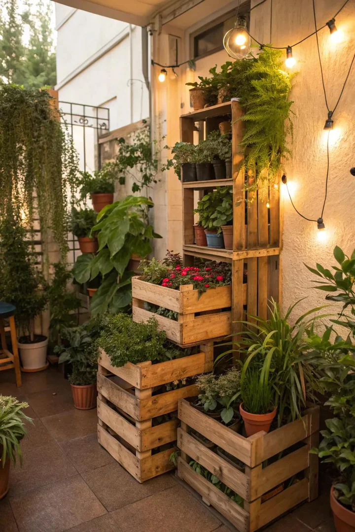 Stacked wooden crates arranged as a multi-level plant display shelf