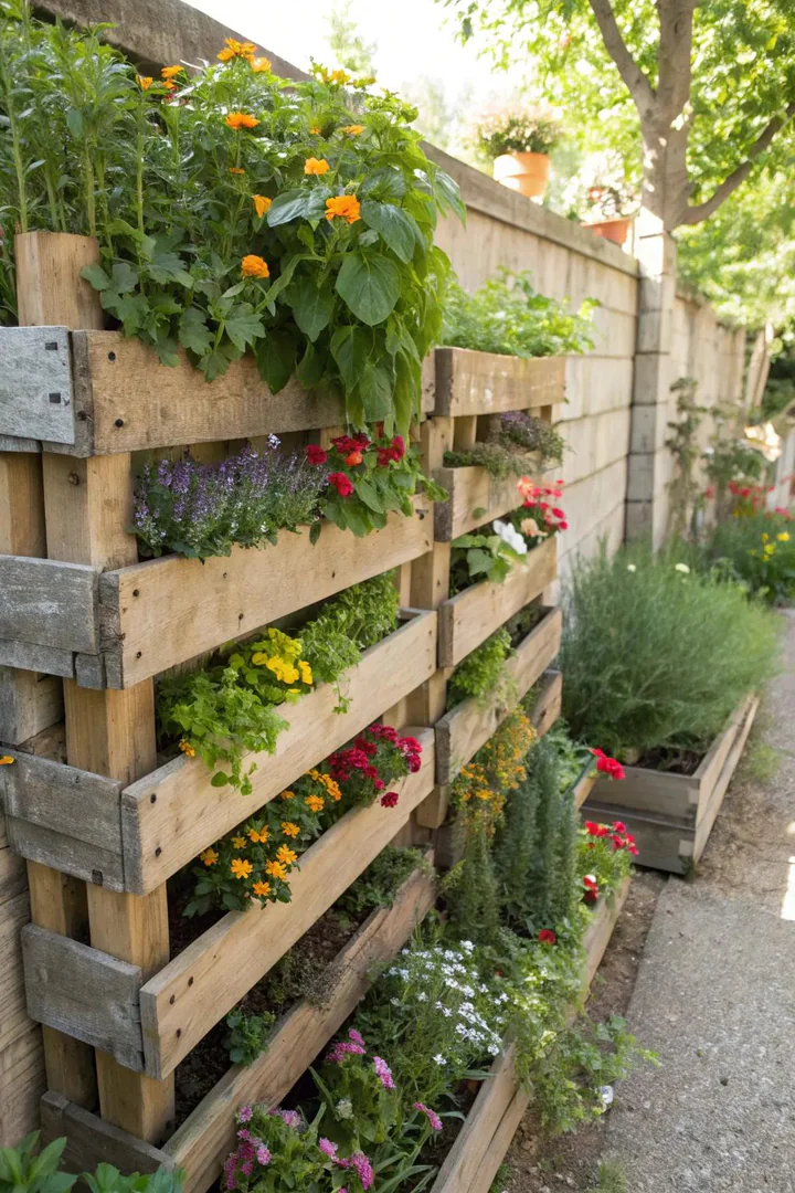 Raised pallet planter box filled with flowers and herbs in a garden