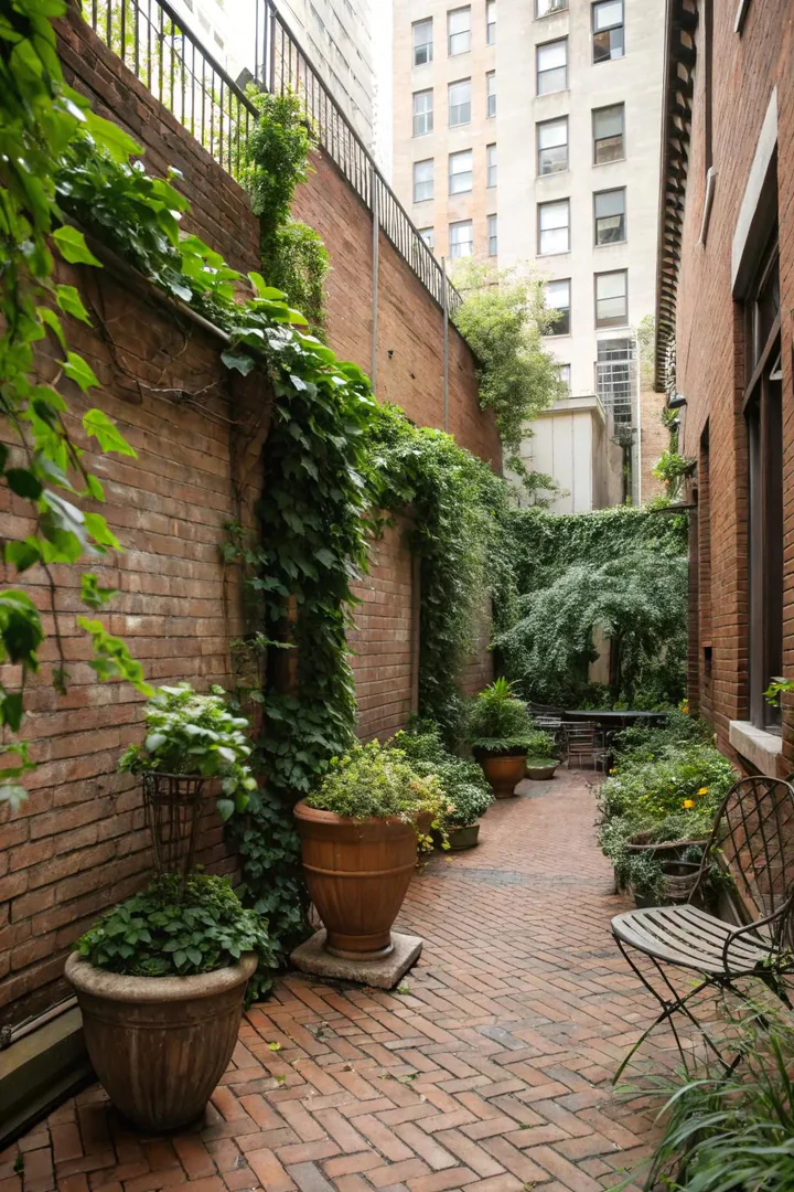 narrow brick courtyard patio between two buildings with potted trees and bistro furniture