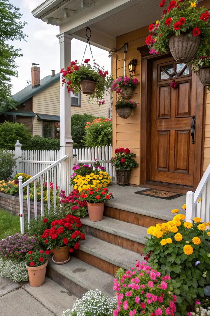 small front porch with colorful flower boxes on the railing filled with red and yellow blooms