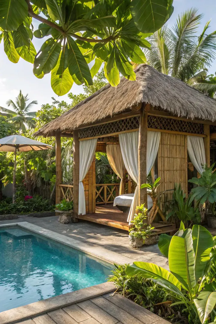 Tropical-themed pool cabana with thatched roof, bamboo frame, and palm plants