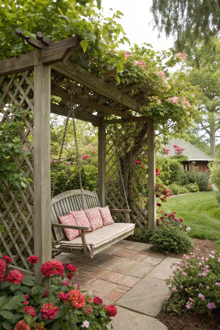 heavy-duty pergola frame with two porch swings hanging from the crossbeams