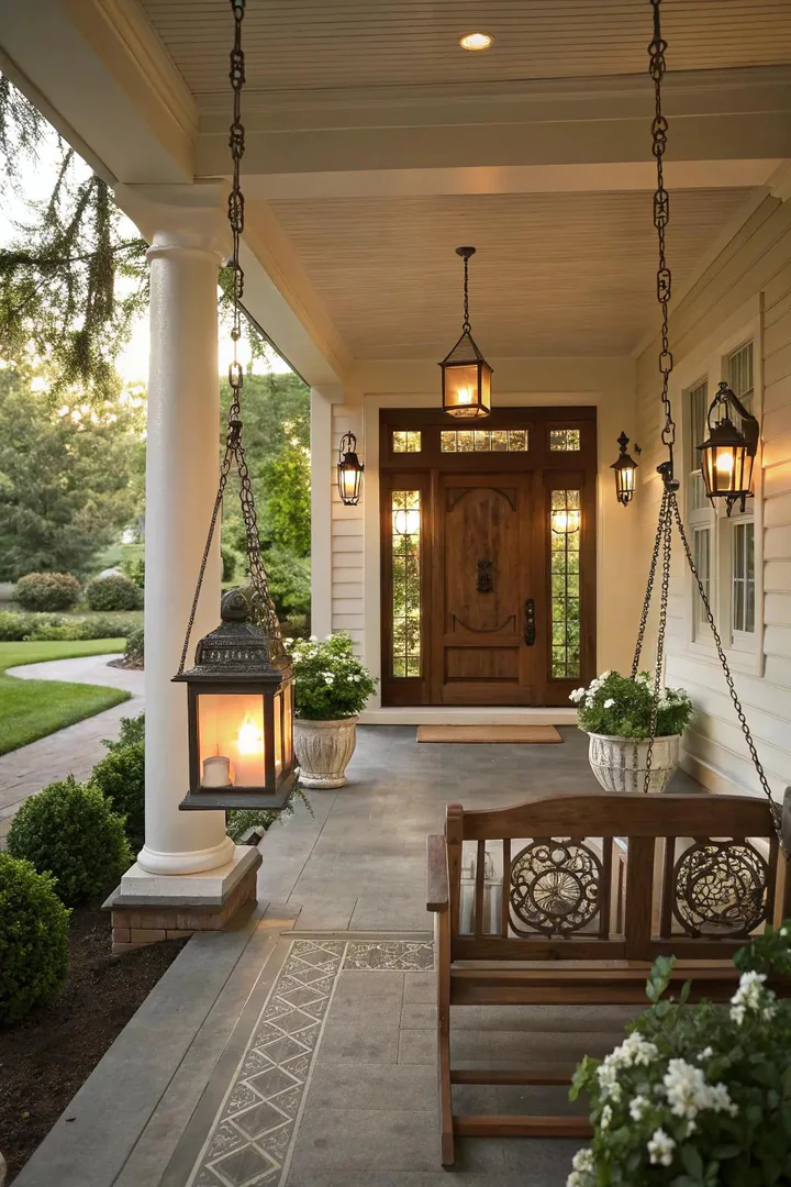 Matching wall-mounted lanterns on either side of a front door providing warm light