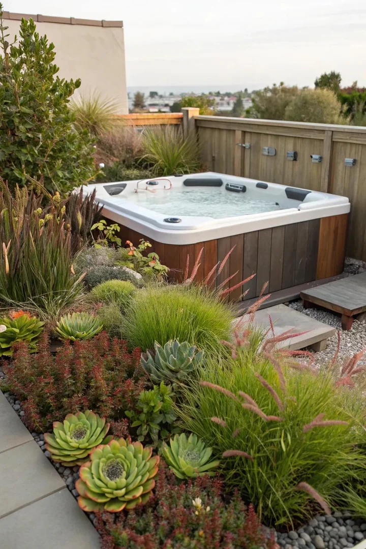Low-maintenance ground cover plants surrounding a hot tub base on gravel