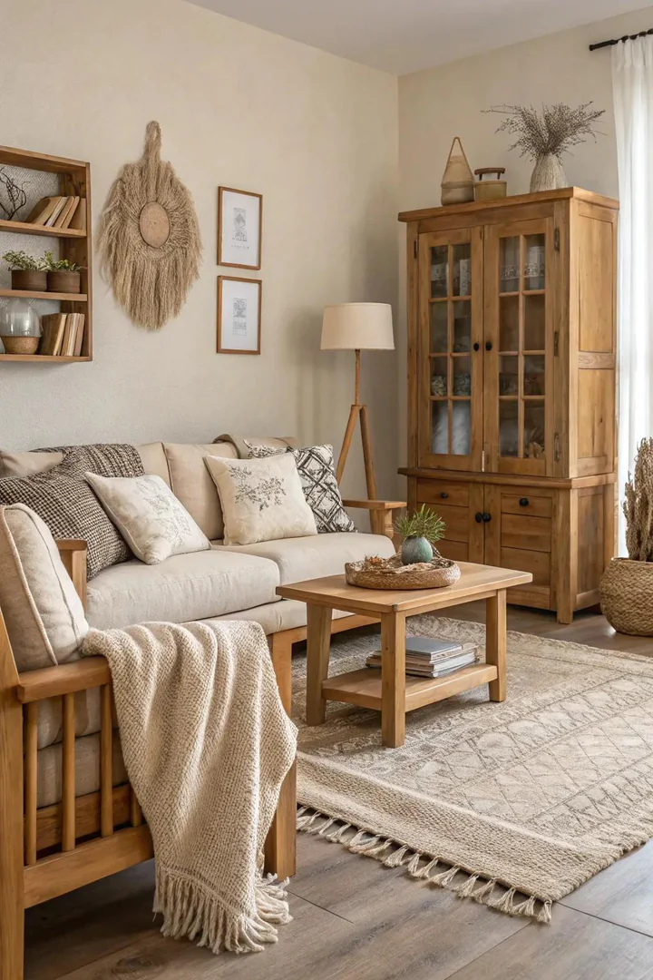 A harmonious blend of natural wood and neutral tones in a modern living room.