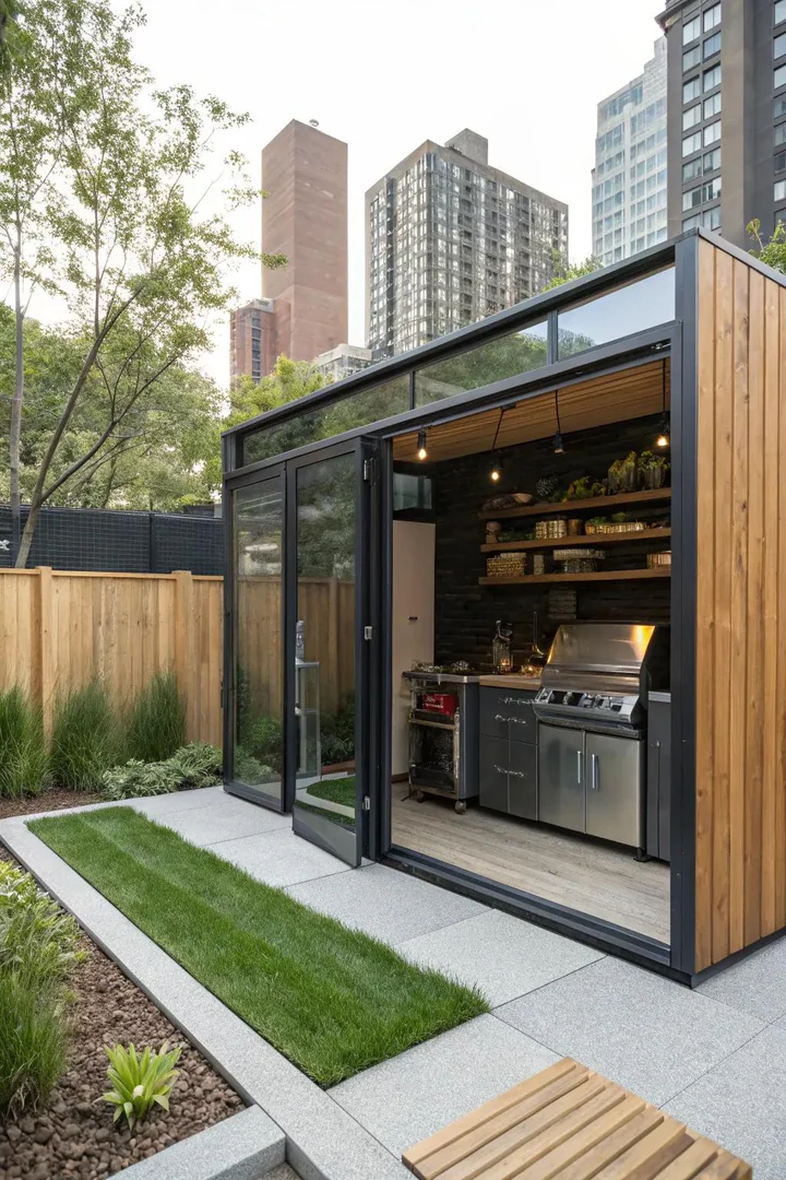modern flat-roof BBQ shed with dark metal siding and built-in storage cabinets