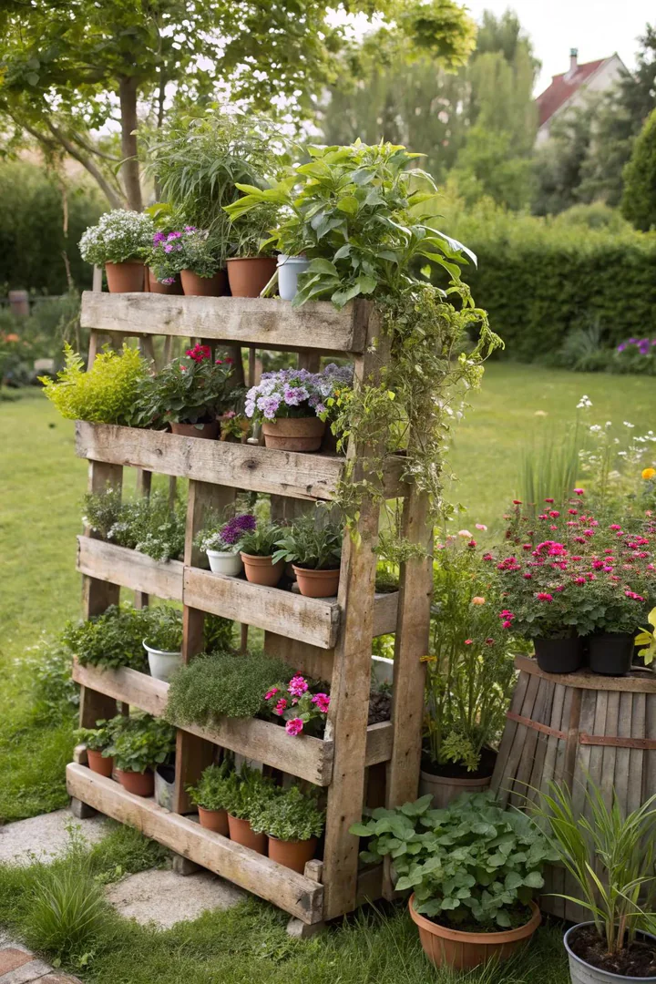 Vertical pallet plant stand leaning against a wall with pots tucked between slats