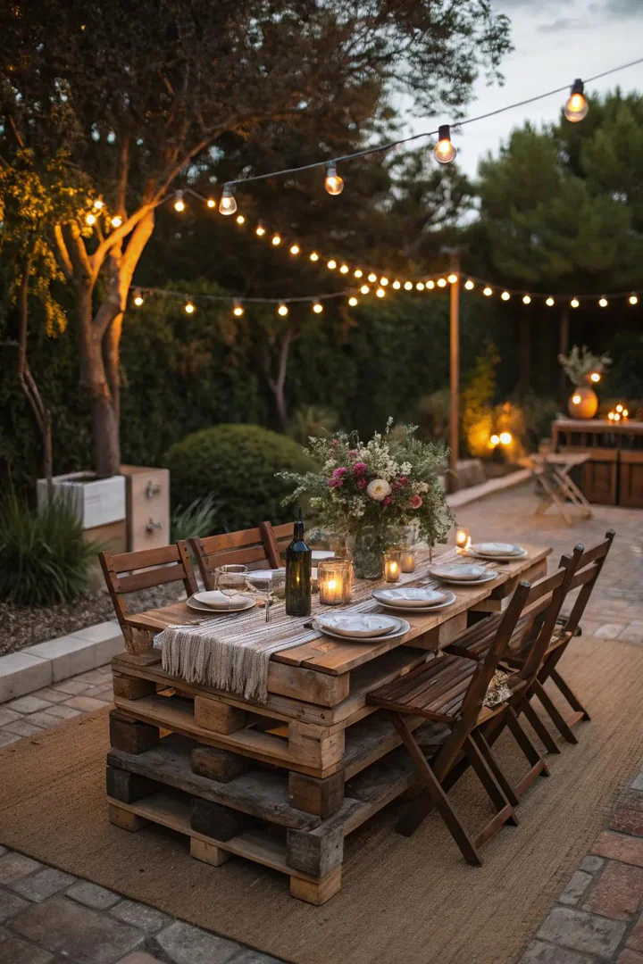 Outdoor dining table built from pallet boards with four chairs on a patio
