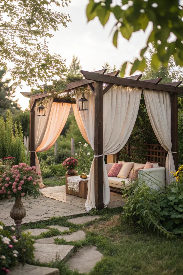 Canvas pergola tent canopy covering a wooden frame with bungee ball attachments at each corner