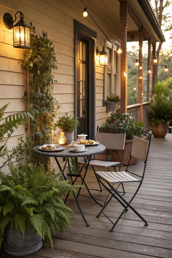 small wrought iron bistro table and two folding chairs on a wooden porch with potted herbs