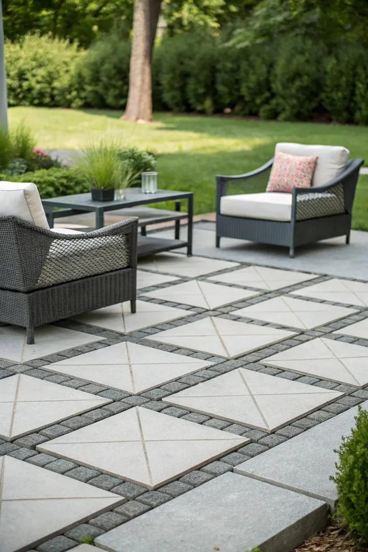 small patio using large poured concrete slab sections with exposed aggregate finish