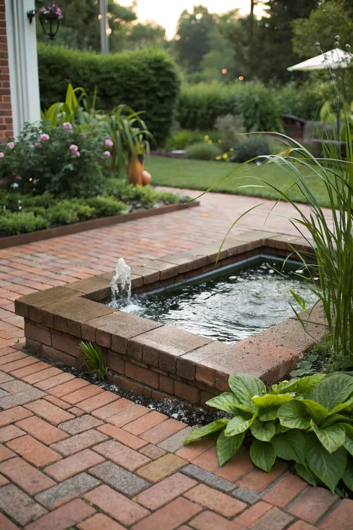 small brick patio with a bubbling stone fountain centerpiece and gravel border