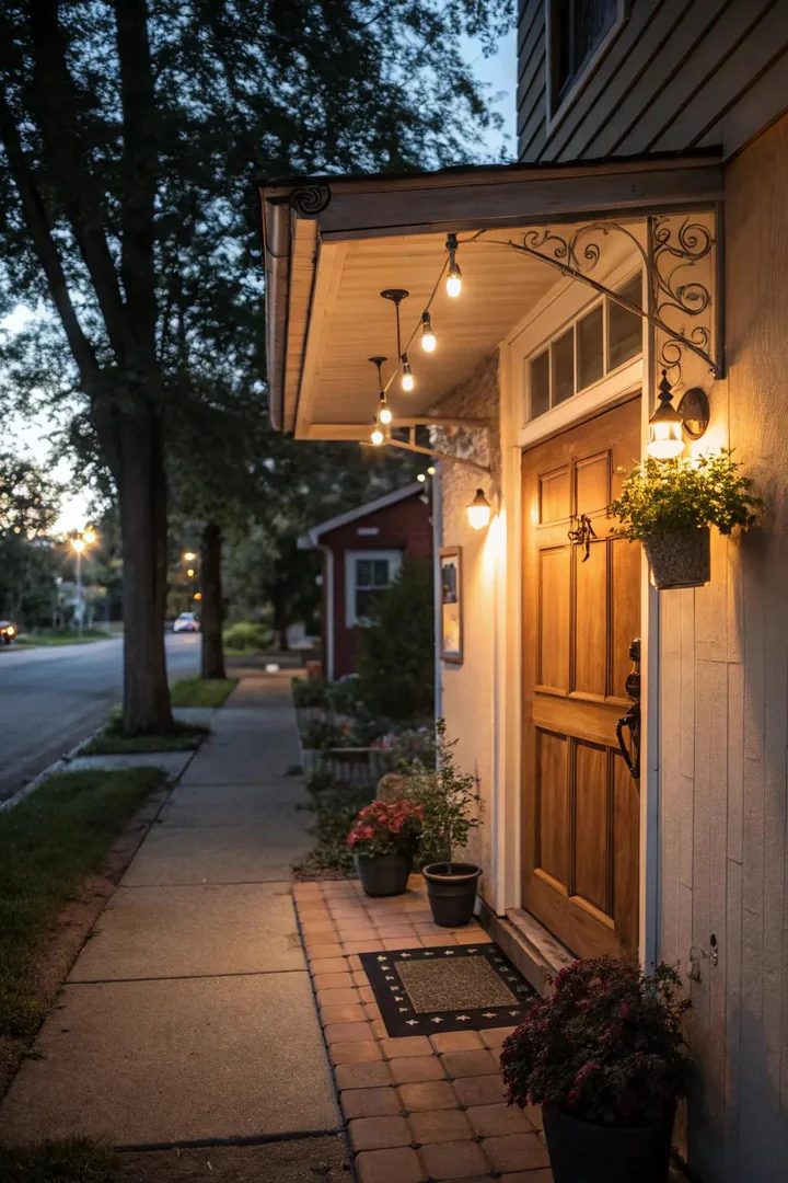 small front porch at dusk with solar pathway lights along the walkway and warm LED string lights