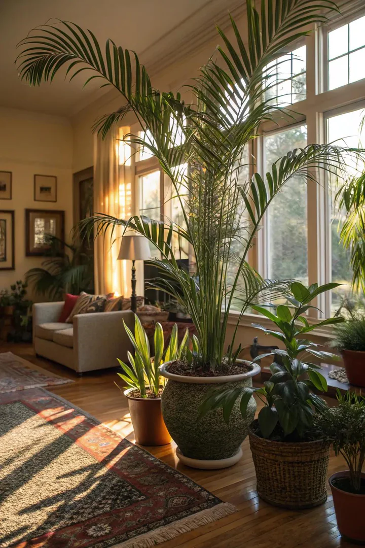 Lush indoor plants enhance the tropical vibe of an African-themed living room.