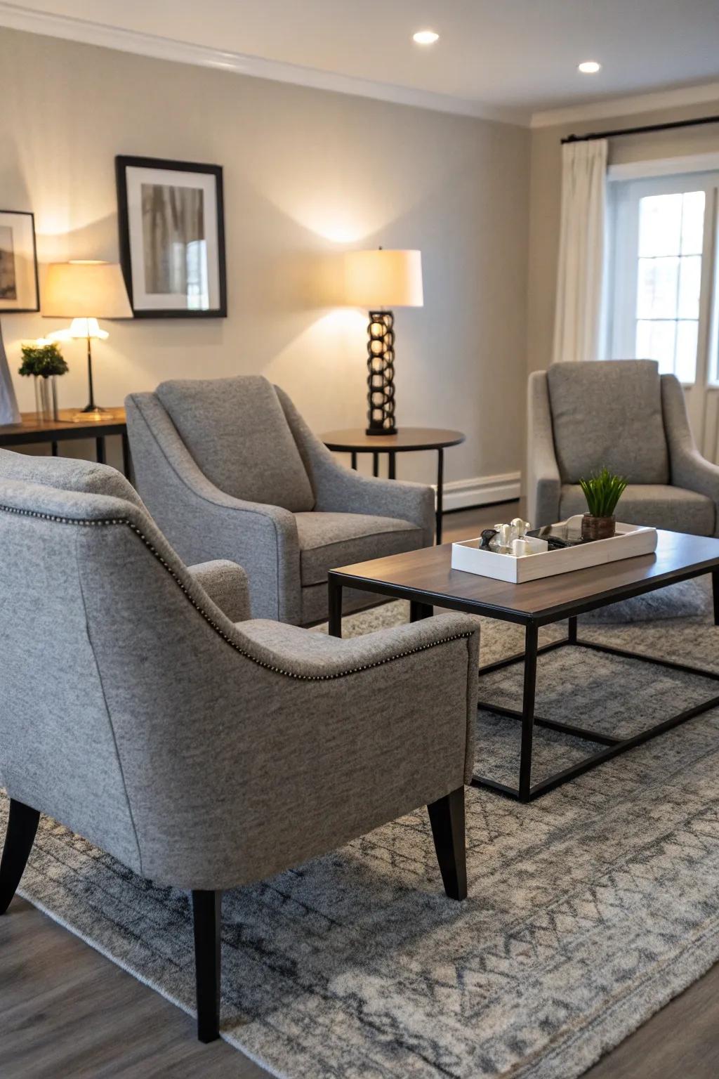Gray chairs with black legs offer stylish seating.