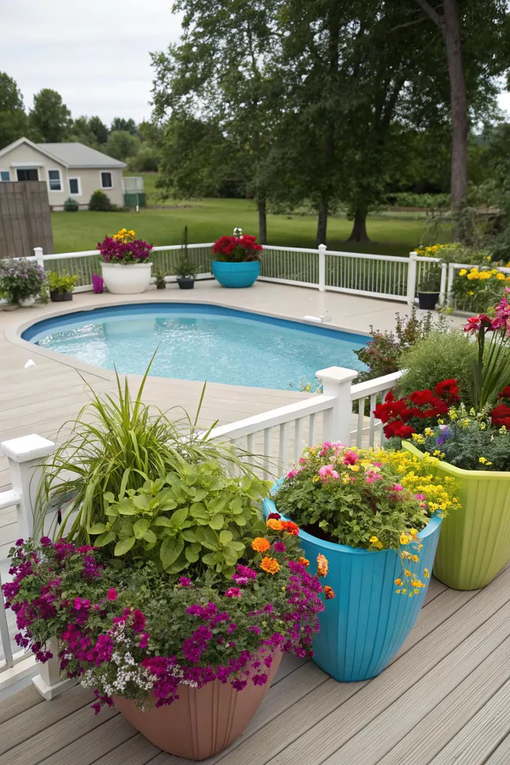 above-ground pool deck with built-in planter boxes along the railing filled with ornamental grasses