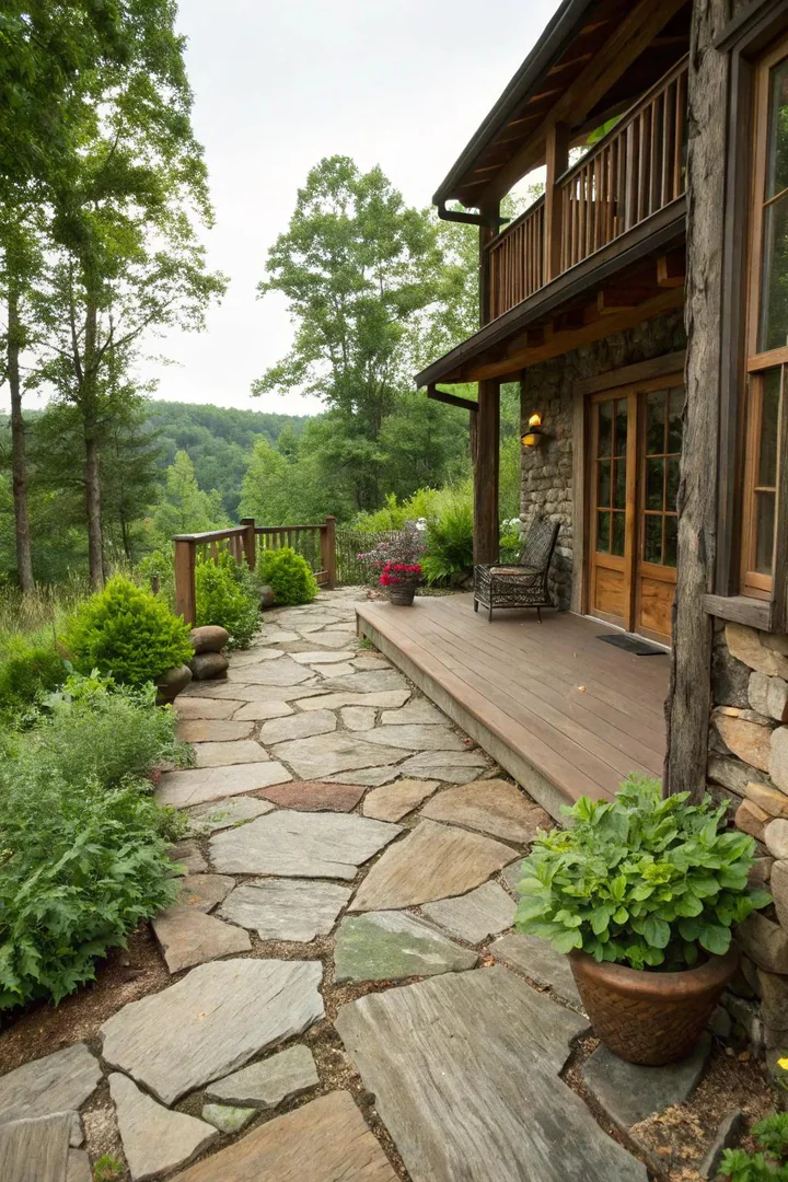Deck with natural stone inlays and flagstone border creating a rustic outdoor transition
