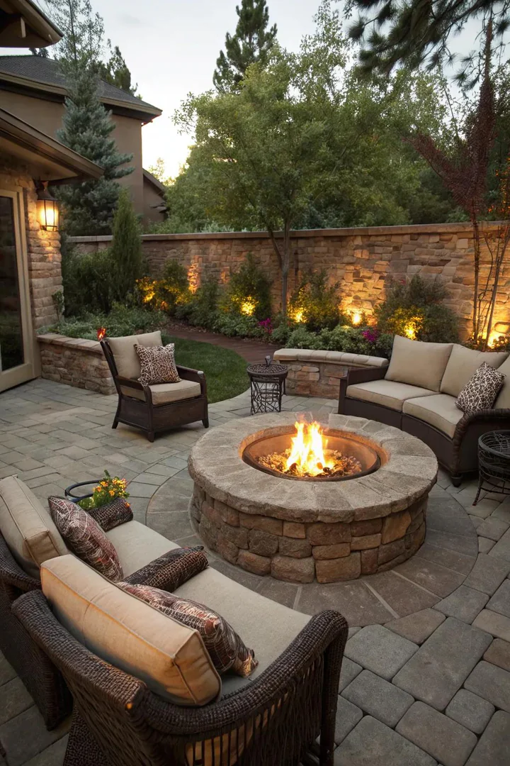 A fire pit adds warmth and a focal point to this courtyard patio.