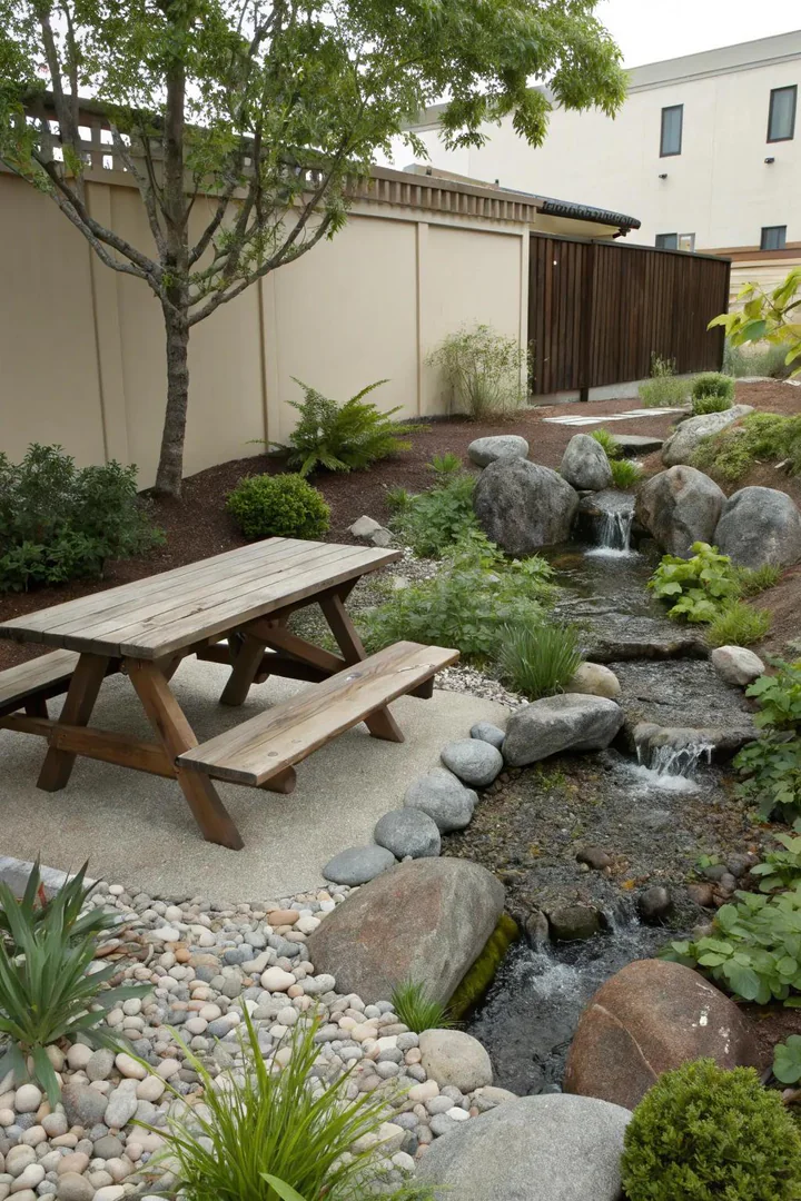 low-profile Japanese-style picnic table on a gravel bed surrounded by raked sand and bonsai