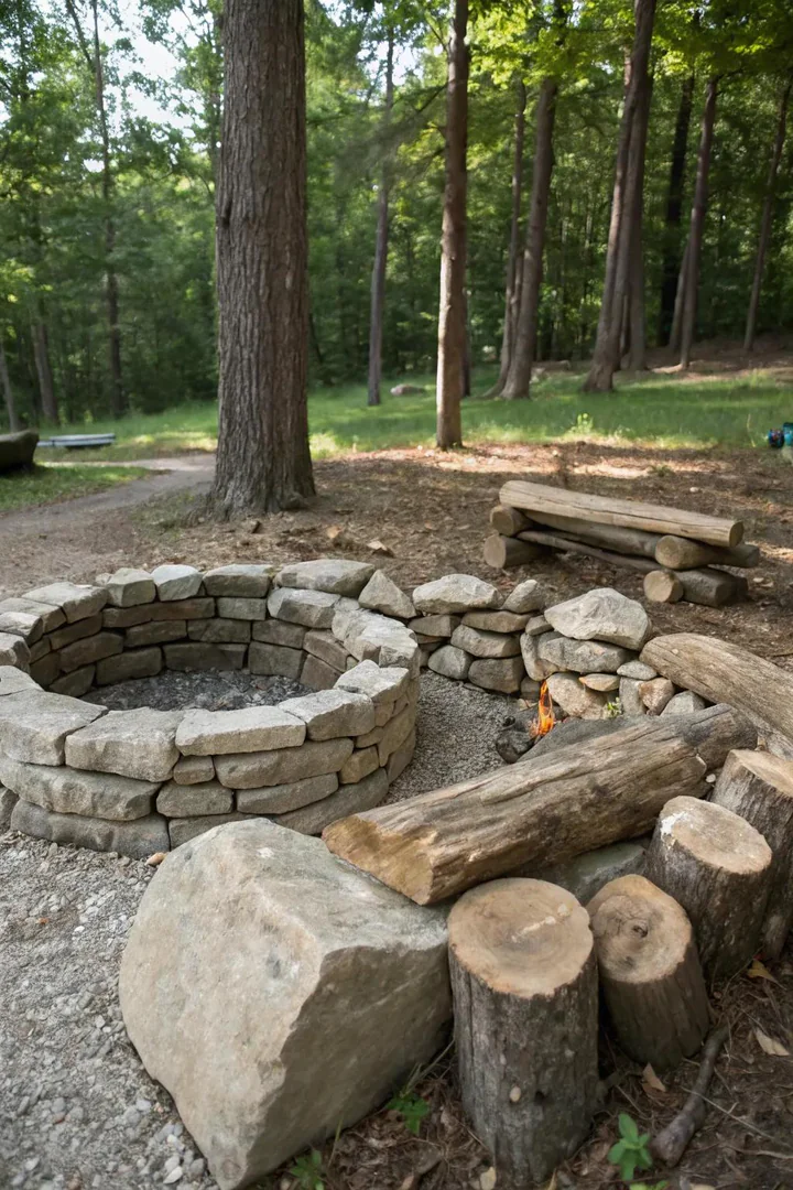 Tall stacked stone fire pit with dry-laid flat stones creating a tapered cylinder
