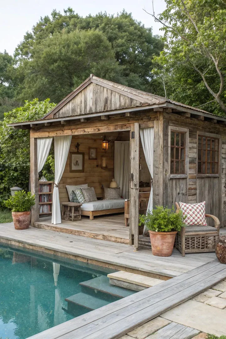 Rustic pool cabana built from reclaimed wood and corrugated metal roofing